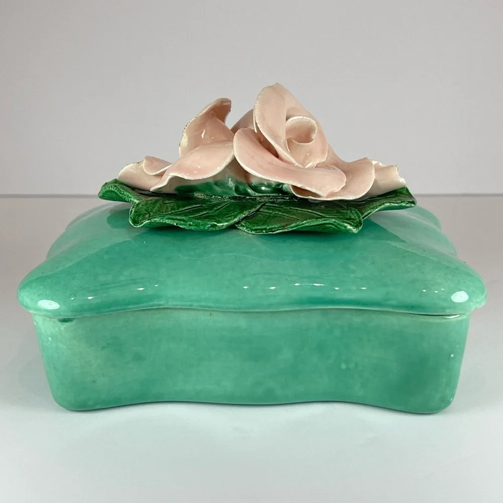 Vintage turquoise porcelain pink roses trinket jewelry box